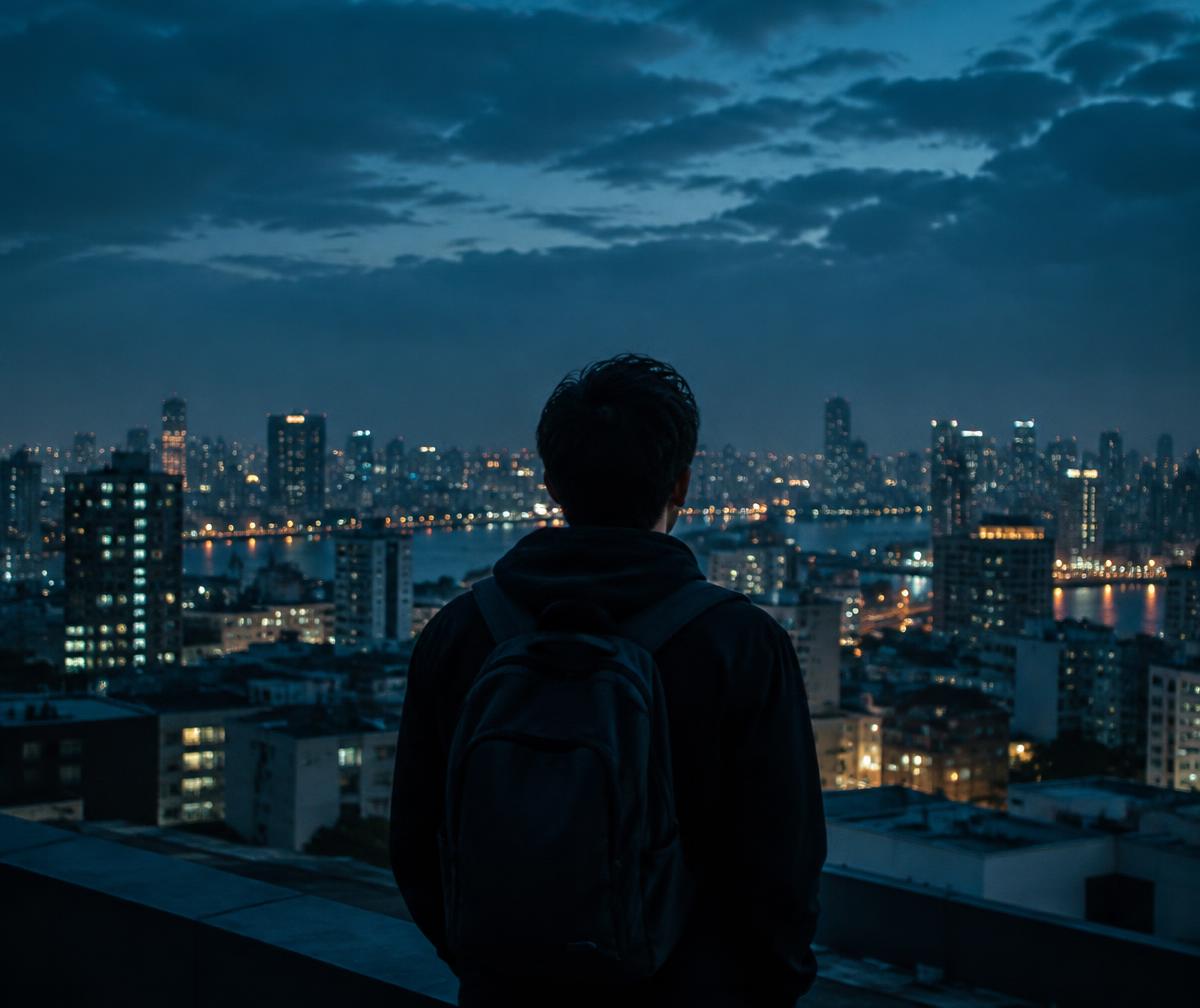 A young leader looking out over a city at dusk