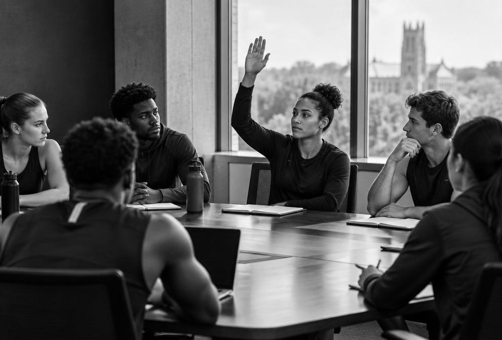 Illustrative image of a college athlete raising a hand in a meeting
