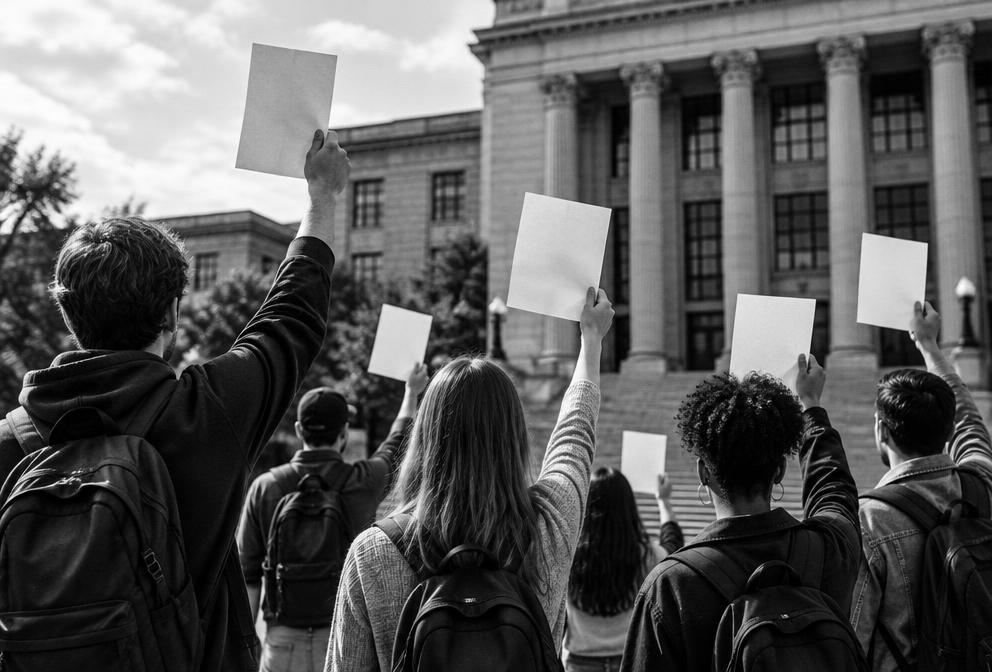 Illustrative image of students holding blank papers outside an institutional building