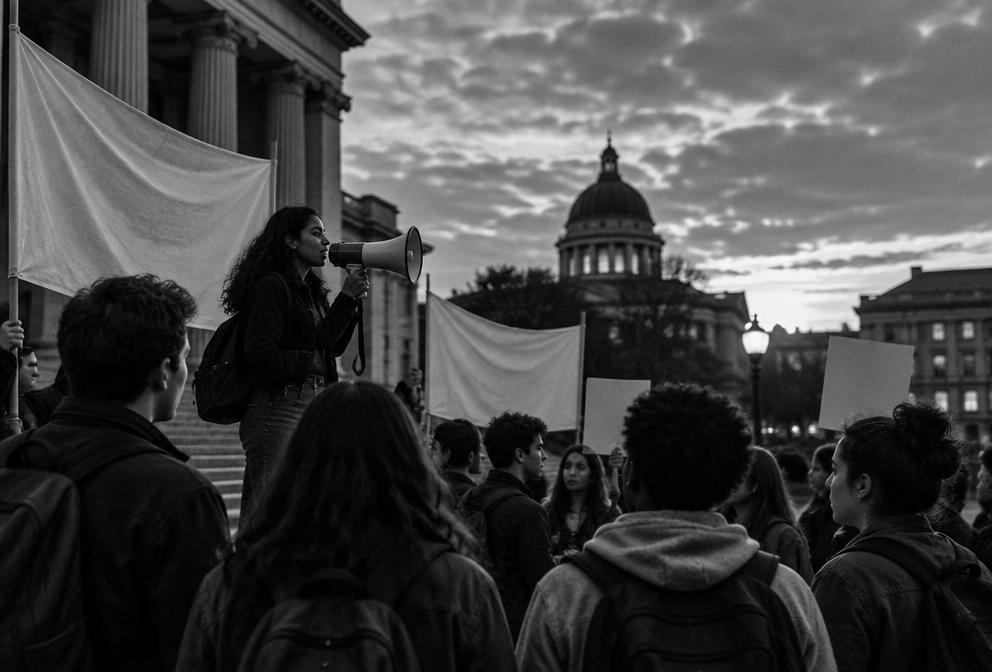Illustrative image of students gathering near civic buildings at dusk