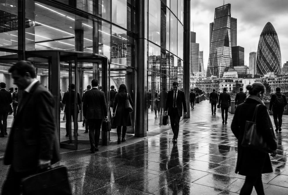 Illustrative image of office workers outside a London financial building